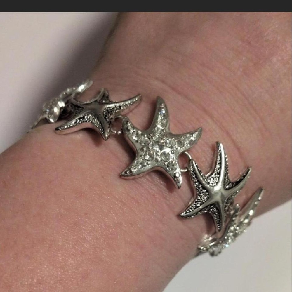 Silver Tone Starfish Link Bracelet | Rhinestone Nautical Statement Bracelet